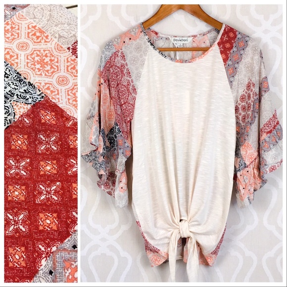 Abigail Boho Patchwork Tie Front Draped Top - Picture 4 of 8